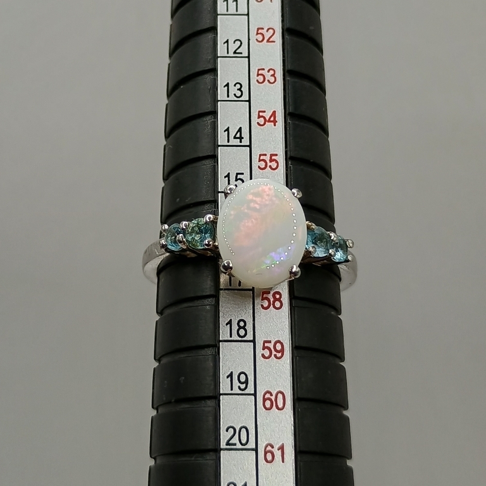 Sterling Silver Opal Oval Ring with Blue Accent Stones